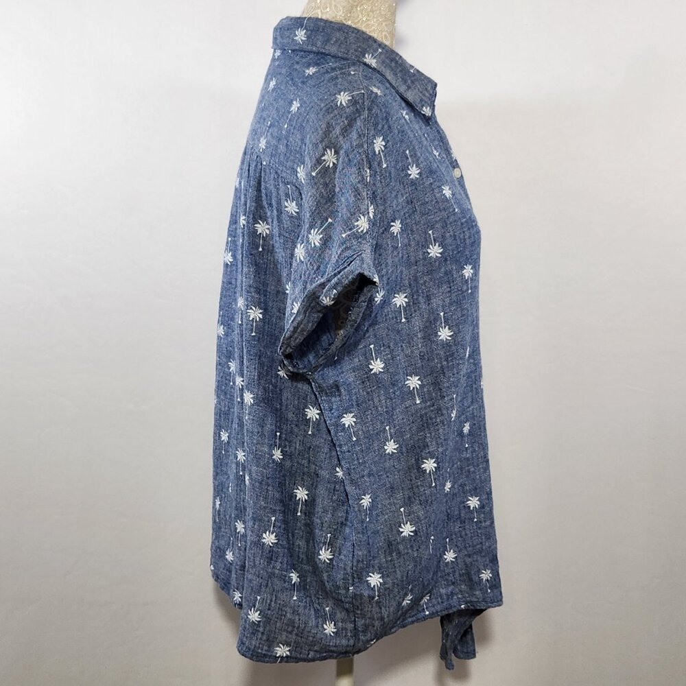 Old Navy Women's Large Denim Linen Blend Palm Tree Button-Down Tie-Front Shirt - Picture 10 of 16